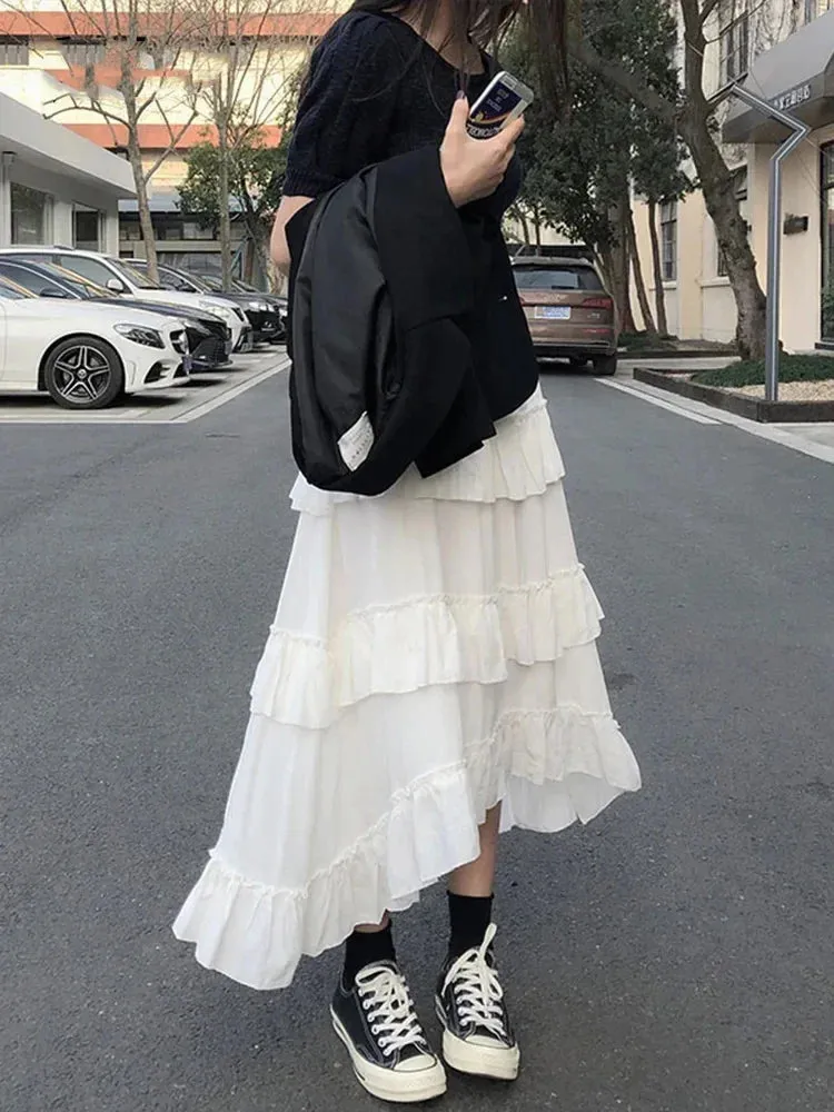 Women's Patchwork Asymmetrical High Low Pleated Skirt New Version  High Waisted Fashion Solid Color Half Skirt Versatile Style