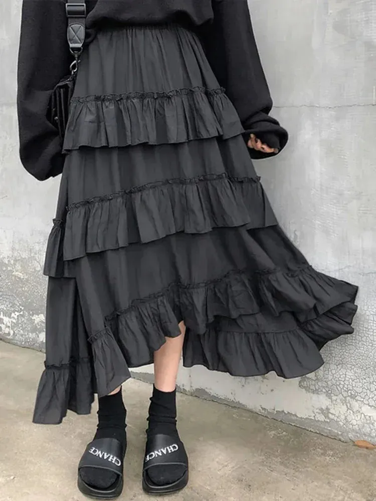 Women's Patchwork Asymmetrical High Low Pleated Skirt New Version  High Waisted Fashion Solid Color Half Skirt Versatile Style